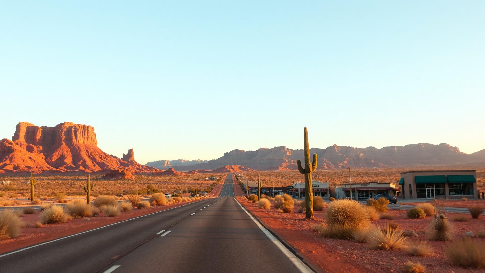 Desert highway at golden hour with red mesas and small-town storefronts